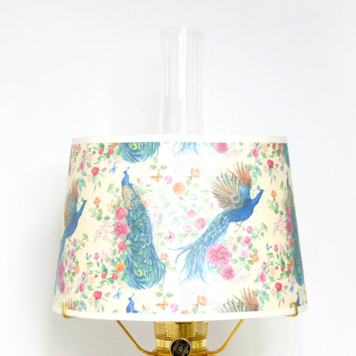 Shatterproof parchment lamp shade featuring a colorful peacock and floral design, crafted to enhance light diffusion for lamps in Lamps & Lighting and Lamp Shades collections.