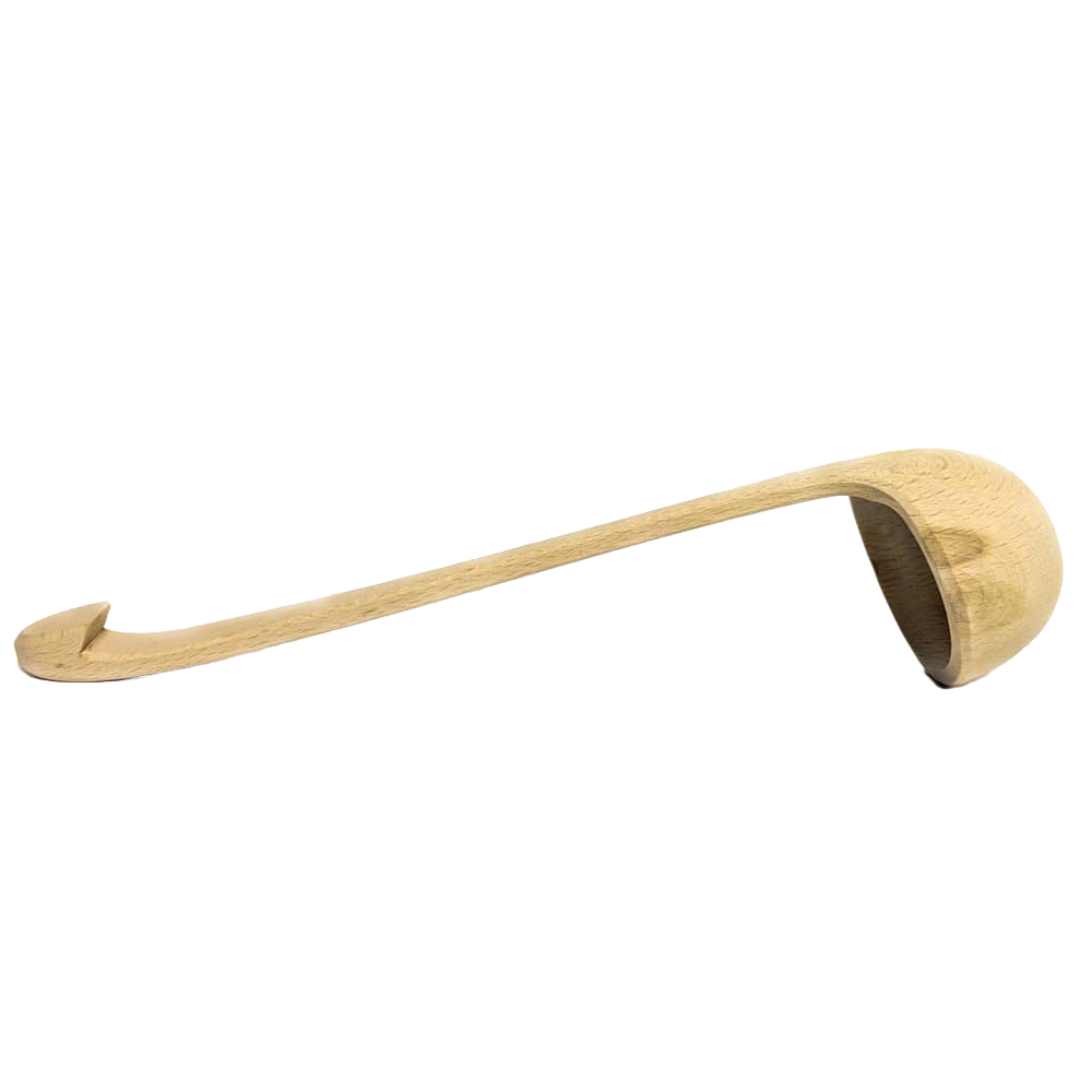 Long hand-carved wooden dipper made of beech wood with a smooth rounded bowl and hooked handle, designed for serving, part of Kitchen & Food, Storage and Serving, and Best Sellers collections.