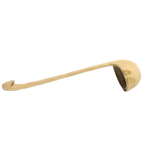 Long hand-carved wooden dipper made of beech wood with a smooth rounded bowl and hooked handle, designed for serving, part of Kitchen & Food, Storage and Serving, and Best Sellers collections.