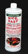 White plastic quart bottle labeled for pond and lake restoration treatment, highlighting non-toxic, environmentally friendly formula and usage for up to 9,000 gallons in Farm, Garden & Tool and Lawncare collections.