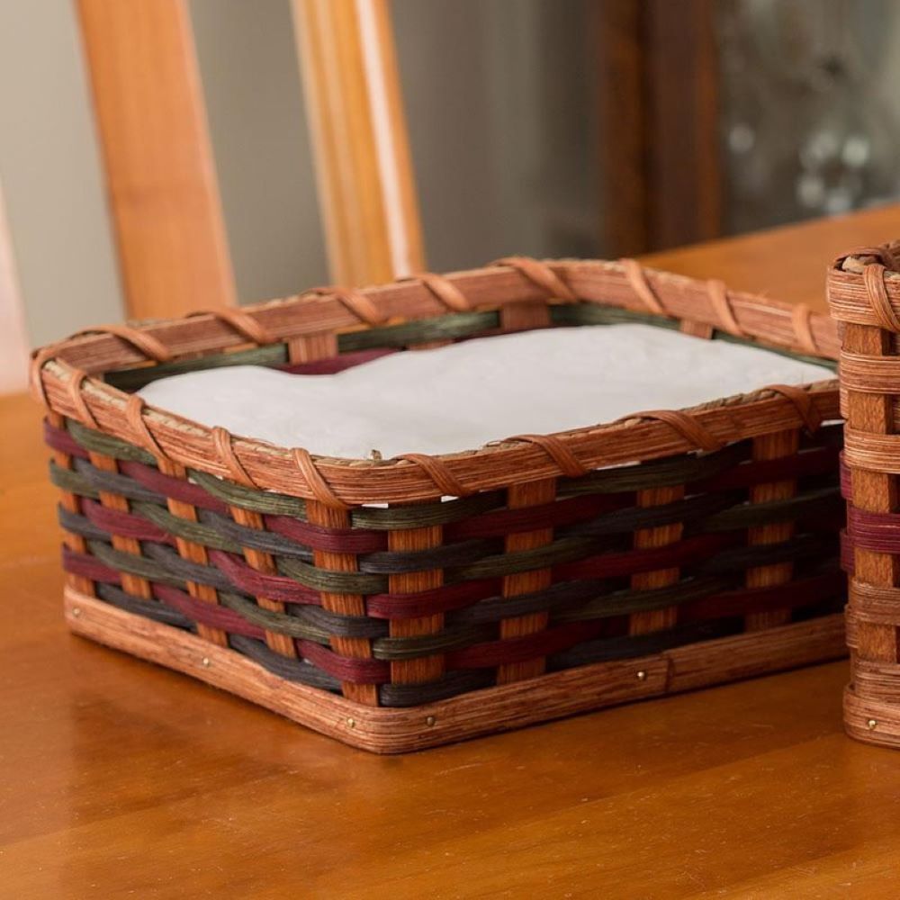 Handcrafted Amish-made napkin basket with woven natural fibers in earthy tones, perfect for home decor and kitchen use, featured in USA Made, Best Sellers, and Dinnerware collections.
