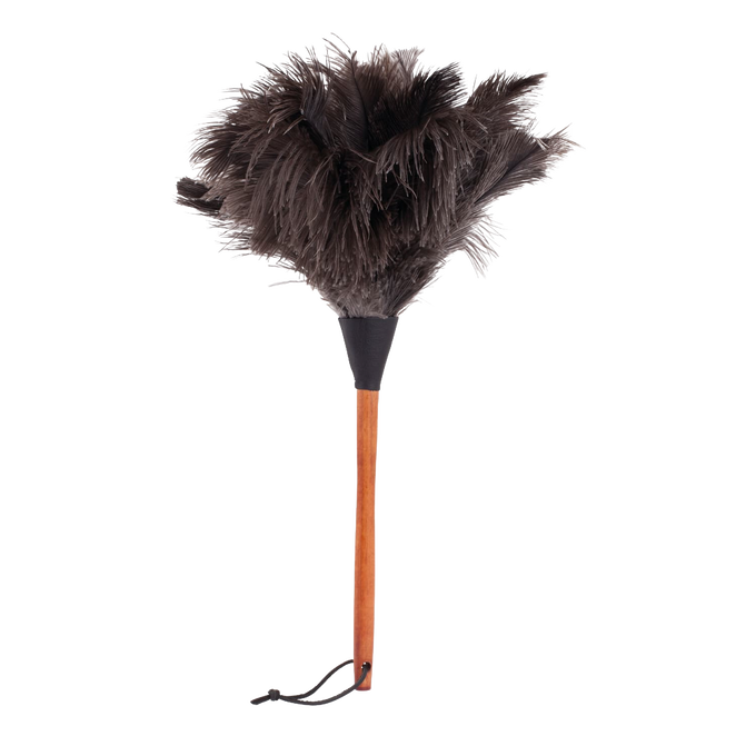 Handcrafted ostrich feather duster with wooden handle, featuring soft natural feathers for gentle dusting, lightweight and easy to handle, perfect for Home & Decor and Household Cleaning collections.