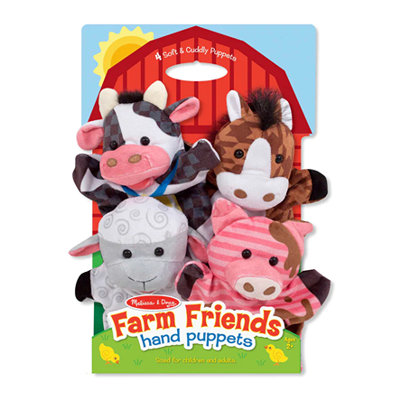 Set of four brightly patterned, washable farm animal hand puppets made from soft, durable fabric, perfect for imaginative play in Toys, Children's Toys, Dolls and Doll Accessories, Indoor Play, Best Sellers, and Promo Eligible collections.