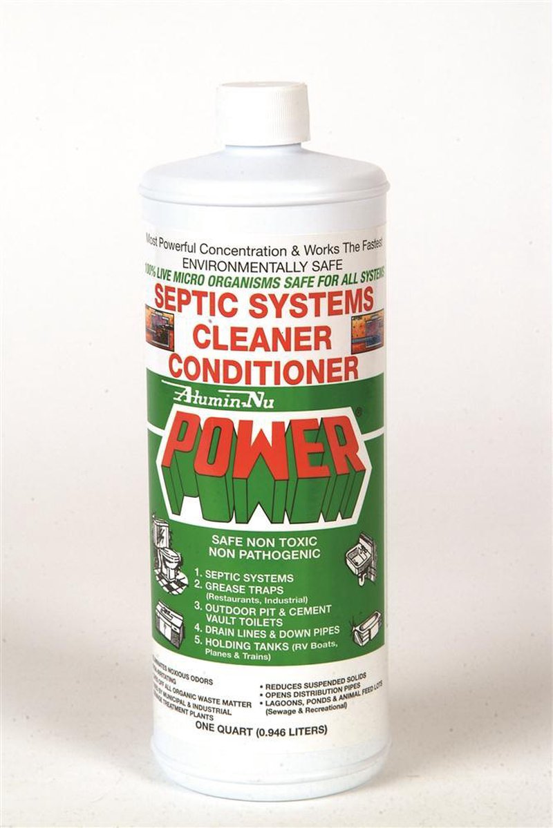White plastic bottle of environmentally safe septic system cleaner labeled safe, non-toxic, and non-pathogenic, featured for Home & Decor, Household Cleaning, Cleaners and Polishes, Best Sellers, and Promo Eligible collections.