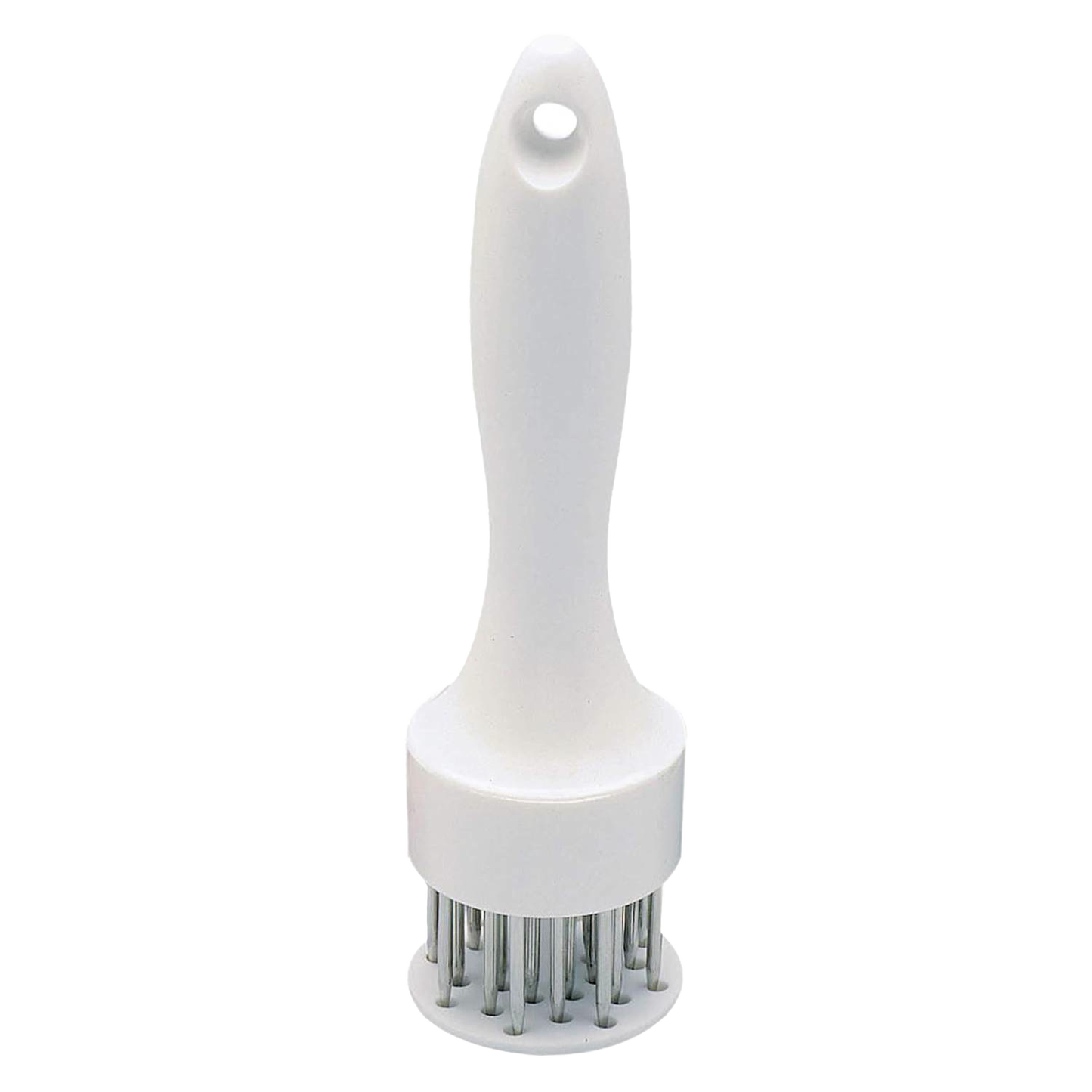 White plastic-handled meat tenderizer featuring 24 stainless-steel prongs, designed to soften meat fibers and speed cooking, ideal for kitchen accessories and specialty equipment collections.