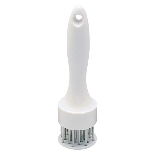 White plastic-handled meat tenderizer featuring 24 stainless-steel prongs, designed to soften meat fibers and speed cooking, ideal for kitchen accessories and specialty equipment collections.