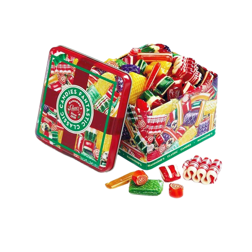 Open colorful metal tin filled with an assortment of handcrafted old-fashioned hard candies in various shapes and bright hues, perfect for Kitchen & Food, Snacks and Sweets, Candy, and USA Made collections.