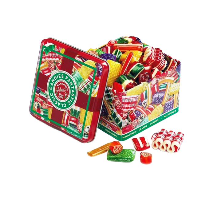 Open colorful metal tin filled with an assortment of handcrafted old-fashioned hard candies in various shapes and bright hues, perfect for Kitchen & Food, Snacks and Sweets, Candy, and USA Made collections.