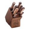 Set of nine kitchen knives with solid walnut handles neatly arranged in a matching wooden block, showcasing handcrafted quality from USA Made collections including Kitchen Knives and Food Prep.