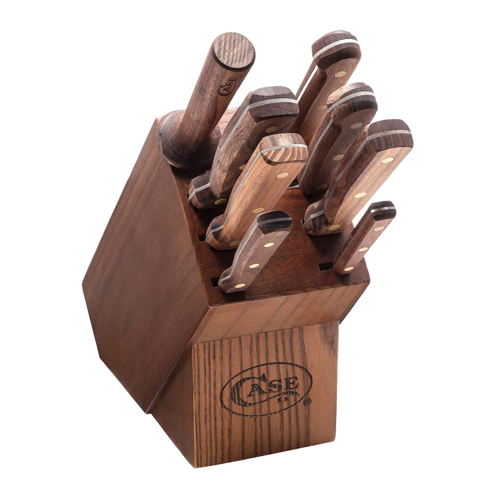 Set of nine kitchen knives with solid walnut handles neatly arranged in a matching wooden block, showcasing handcrafted quality from USA Made collections including Kitchen Knives and Food Prep.