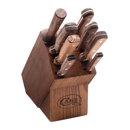 Set of nine kitchen knives with solid walnut handles neatly arranged in a matching wooden block, showcasing handcrafted quality from USA Made collections including Kitchen Knives and Food Prep.