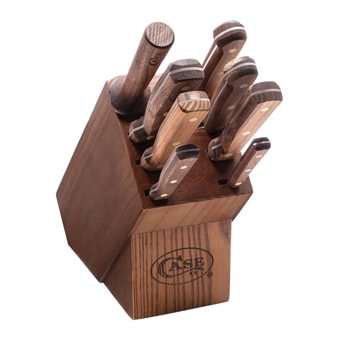Set of nine kitchen knives with solid walnut handles neatly arranged in a matching wooden block, showcasing handcrafted quality from USA Made collections including Kitchen Knives and Food Prep.