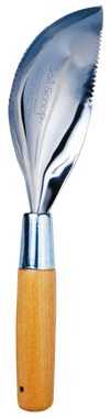 Handcrafted soil scoop with ergonomic wooden handle and polished metal blade featuring serrated edge, designed for efficient digging and cultivating in Farm, Garden & Tool and USA Made collections.