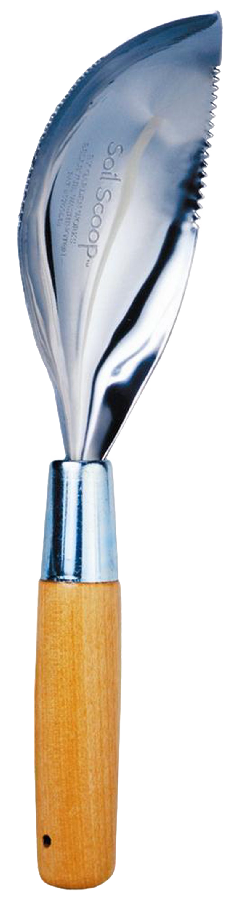 Handcrafted soil scoop with ergonomic wooden handle and polished metal blade featuring serrated edge, designed for efficient digging and cultivating in Farm, Garden & Tool and USA Made collections.