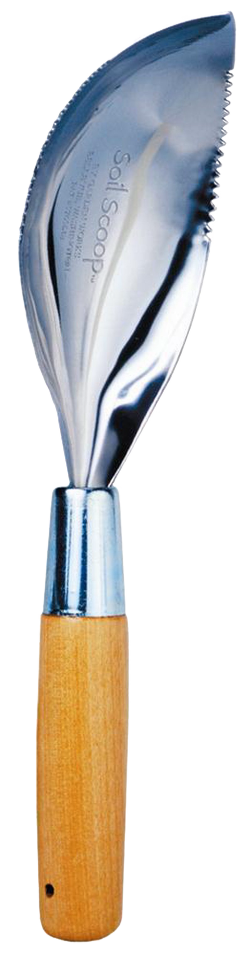 Handcrafted soil scoop with ergonomic wooden handle and polished metal blade featuring serrated edge, designed for efficient digging and cultivating in Farm, Garden & Tool and USA Made collections.