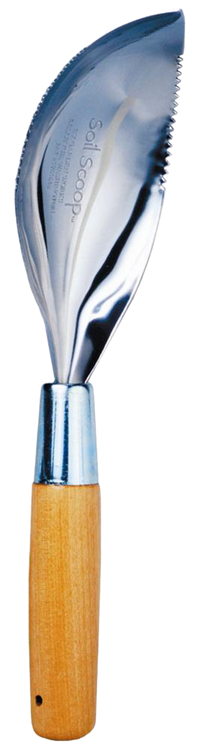 Handcrafted soil scoop with ergonomic wooden handle and polished metal blade featuring serrated edge, designed for efficient digging and cultivating in Farm, Garden & Tool and USA Made collections.