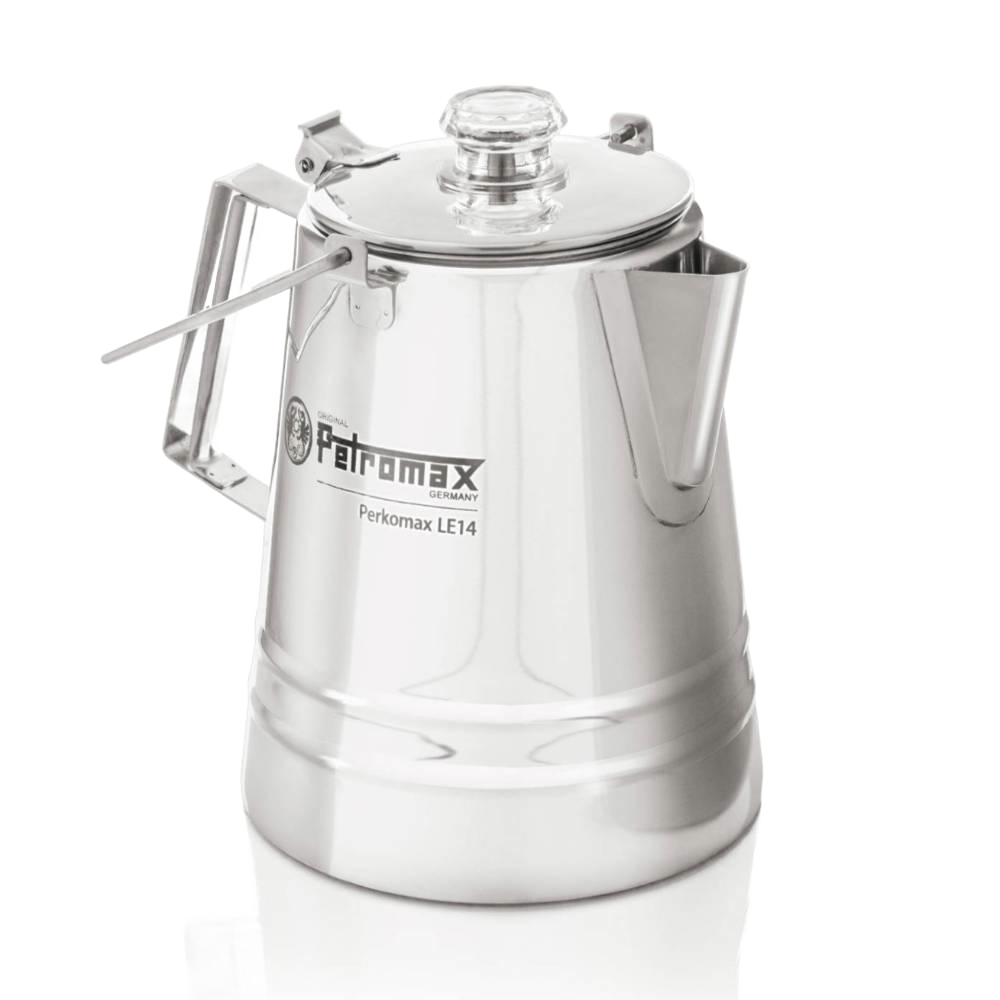 Stainless steel coffee percolator with a polished finish, clear glass knob, and foldable handle, designed for gentle brewing in Kitchen & Food, Camping, and Brewing Coffee and Tea collections.