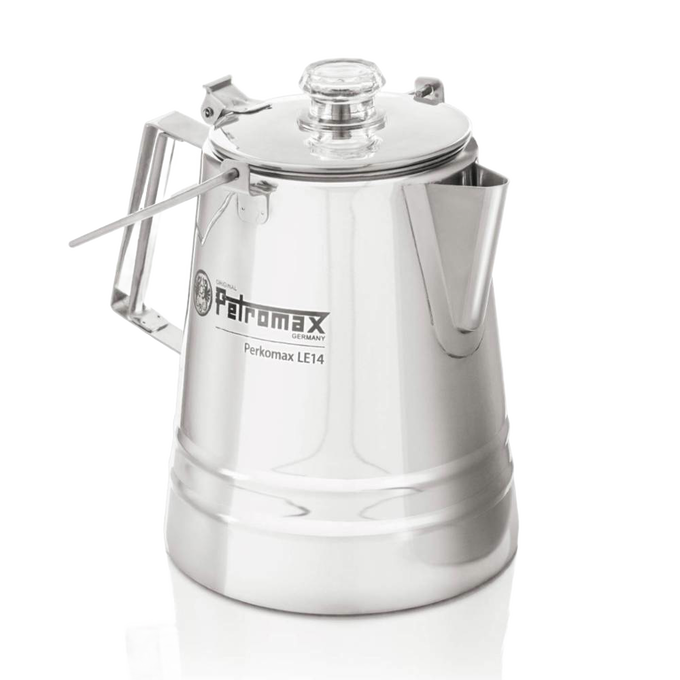 Stainless steel coffee percolator with a polished finish, clear glass knob, and foldable handle, designed for gentle brewing in Kitchen & Food, Camping, and Brewing Coffee and Tea collections.