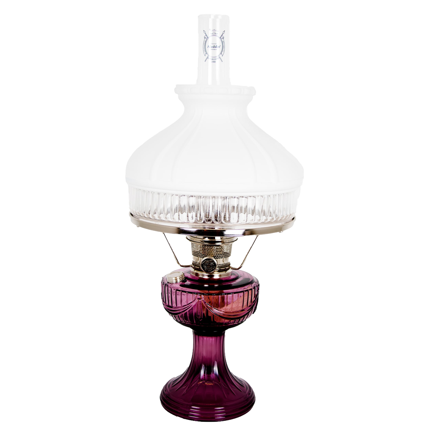 Handcrafted oil lamp with a clear ribbed glass shade and rich amethyst base, featuring a brass burner, bright enough for reading, ideal for Farm, Garden & Tool and Emergency Supplies collections.