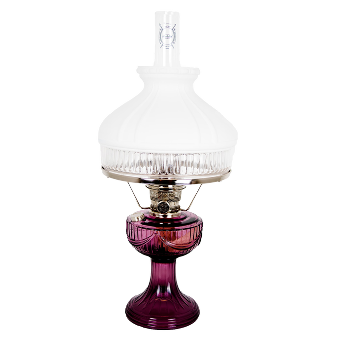Handcrafted oil lamp with a clear ribbed glass shade and rich amethyst base, featuring a brass burner, bright enough for reading, ideal for Farm, Garden & Tool and Emergency Supplies collections.