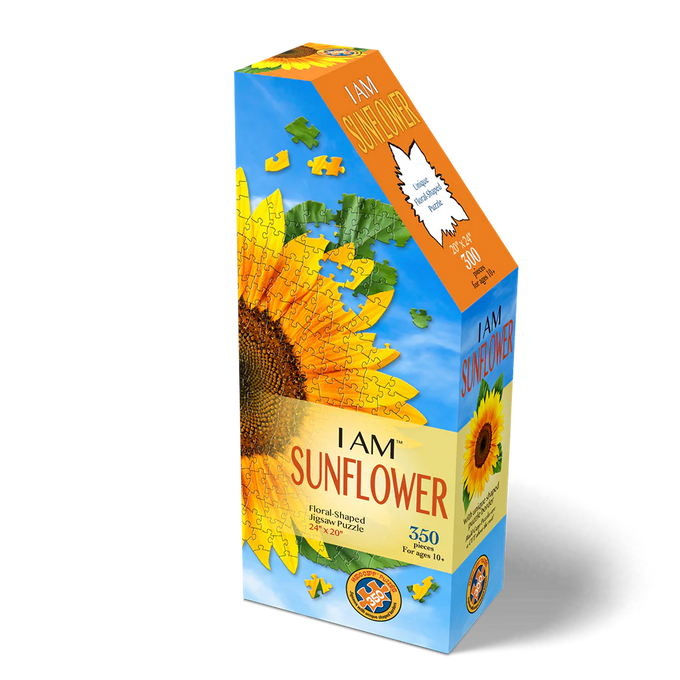 Brightly colored puzzle box shaped like a sunflower with floral design and scattered puzzle pieces, featuring a unique 350-piece sunflower-shaped jigsaw puzzle in Toys, Books & Games collections.