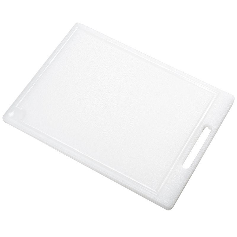 Durable high density plastic cutting board with a convenient handle, grooved on one side to catch juices, designed for efficient food prep in Kitchen & Food, Food Prep, and Kitchen Accessories collections.