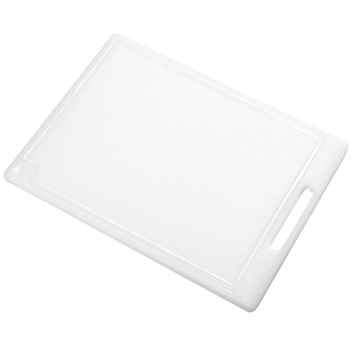 Durable high density plastic cutting board with a convenient handle, grooved on one side to catch juices, designed for efficient food prep in Kitchen & Food, Food Prep, and Kitchen Accessories collections.