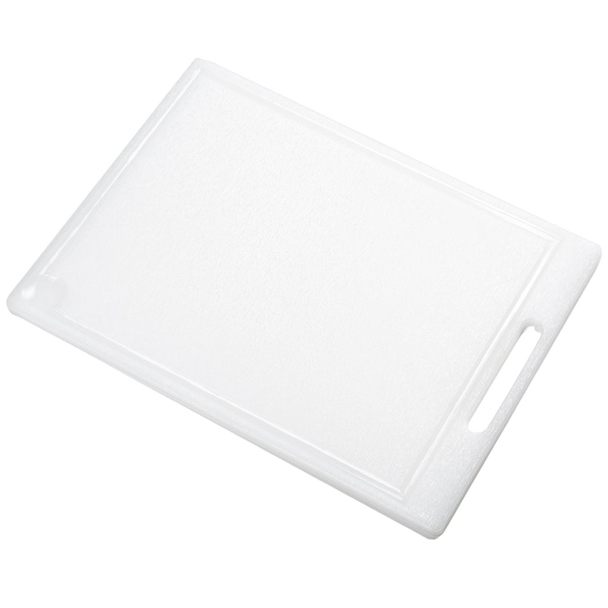 Durable high density plastic cutting board with a convenient handle, grooved on one side to catch juices, designed for efficient food prep in Kitchen & Food, Food Prep, and Kitchen Accessories collections.