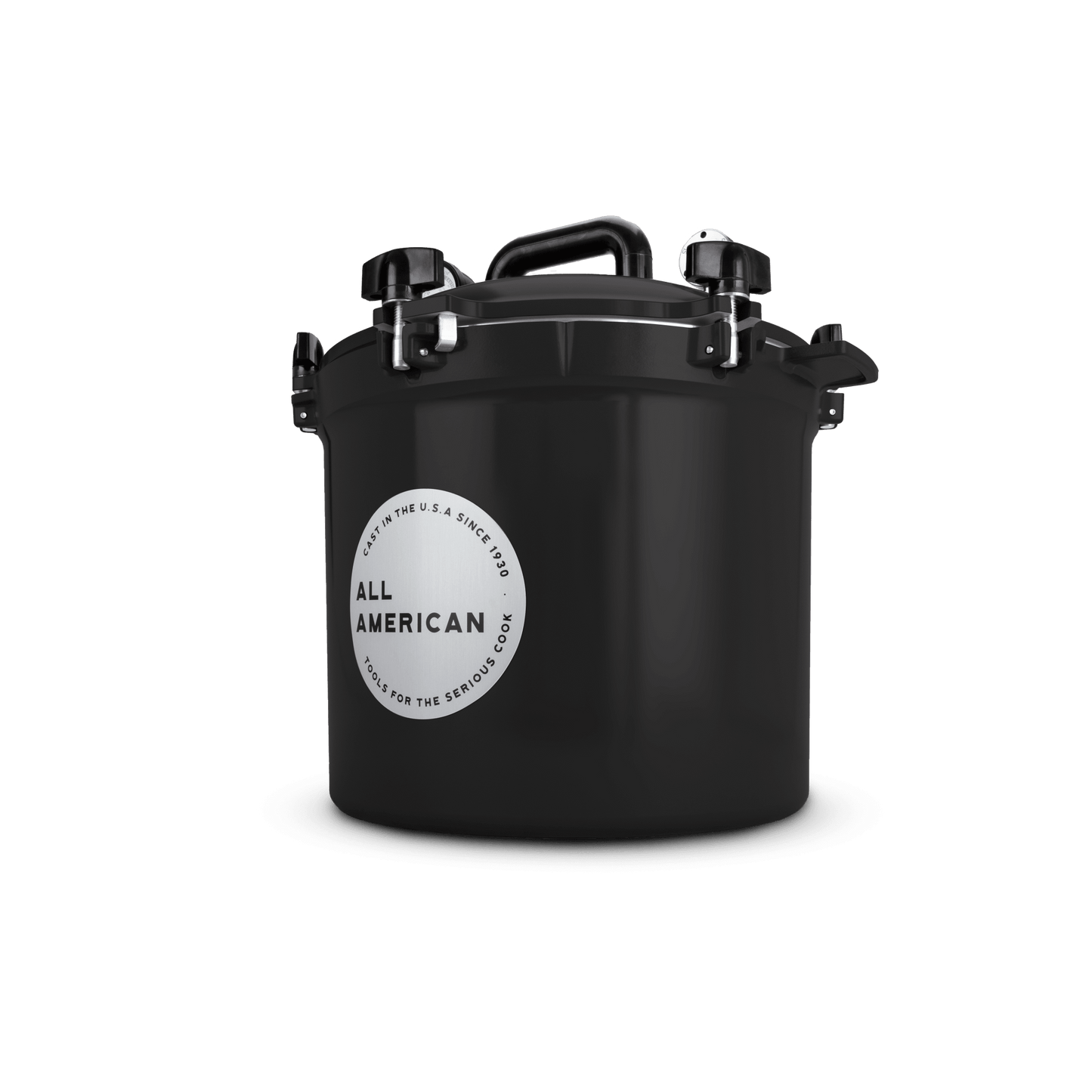 Matte black 21.5-quart handcrafted pressure canner with secure locking lid and sturdy handle, made in USA for Kitchen & Food, Food Preservation, Canning, Pressure Canners, and Best Sellers collections.