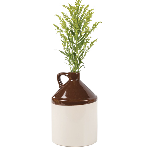 Handcrafted stoneware jug with handle in two-tone brown and cream glaze, featuring a narrow neck and filled with greenery, ideal for Kitchen & Food, Storage and Serving, Best Sellers, Promo Eligible collections.