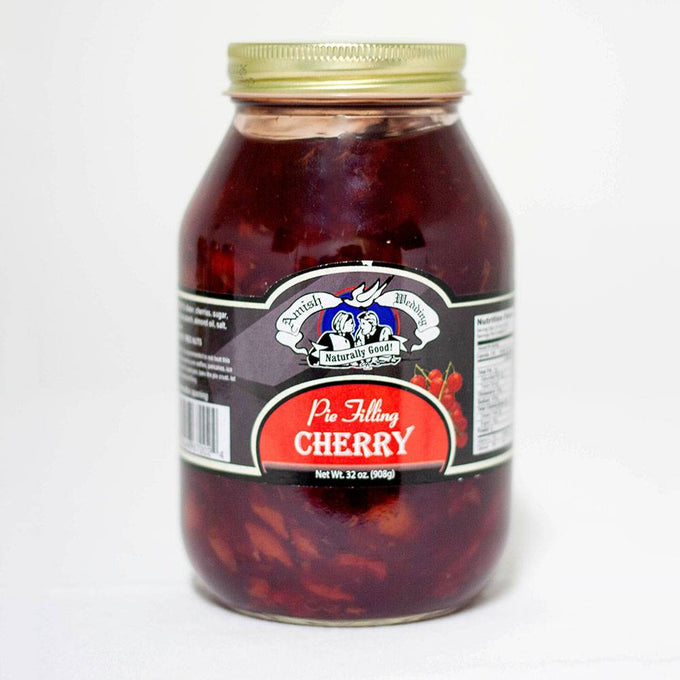 Handcrafted Amish-made cherry pie filling in a glass jar with golden lid, naturally prepared without corn syrup or artificial coloring, part of Kitchen & Food, Pantry, USA Made, and Best Sellers collections.