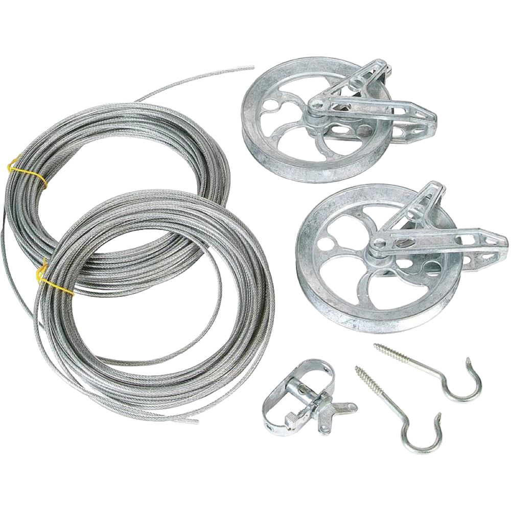 Handcrafted rust-resistant zinc pulleys paired with dual coils of plastic-coated stranded wire cable and metal hooks, designed for durability in Home & Decor, Laundry Supplies, Clothesline Accessories, Best Sellers, and Promo Eligible collections.