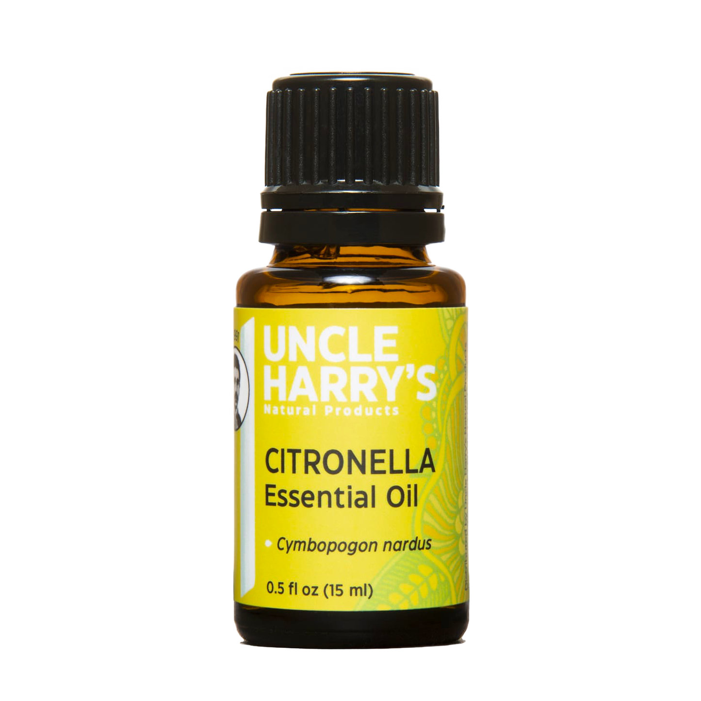 Amber glass bottle of citronella essential oil with black cap and bright yellow label, handmade in USA for use in Health & Wellness, Soapmaking, and Candlemaking collections.