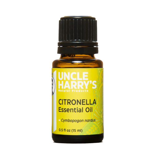 Amber glass bottle of citronella essential oil with black cap and bright yellow label, handmade in USA for use in Health & Wellness, Soapmaking, and Candlemaking collections.