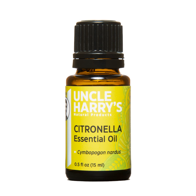 Amber glass bottle of citronella essential oil with black cap and bright yellow label, handmade in USA for use in Health & Wellness, Soapmaking, and Candlemaking collections.