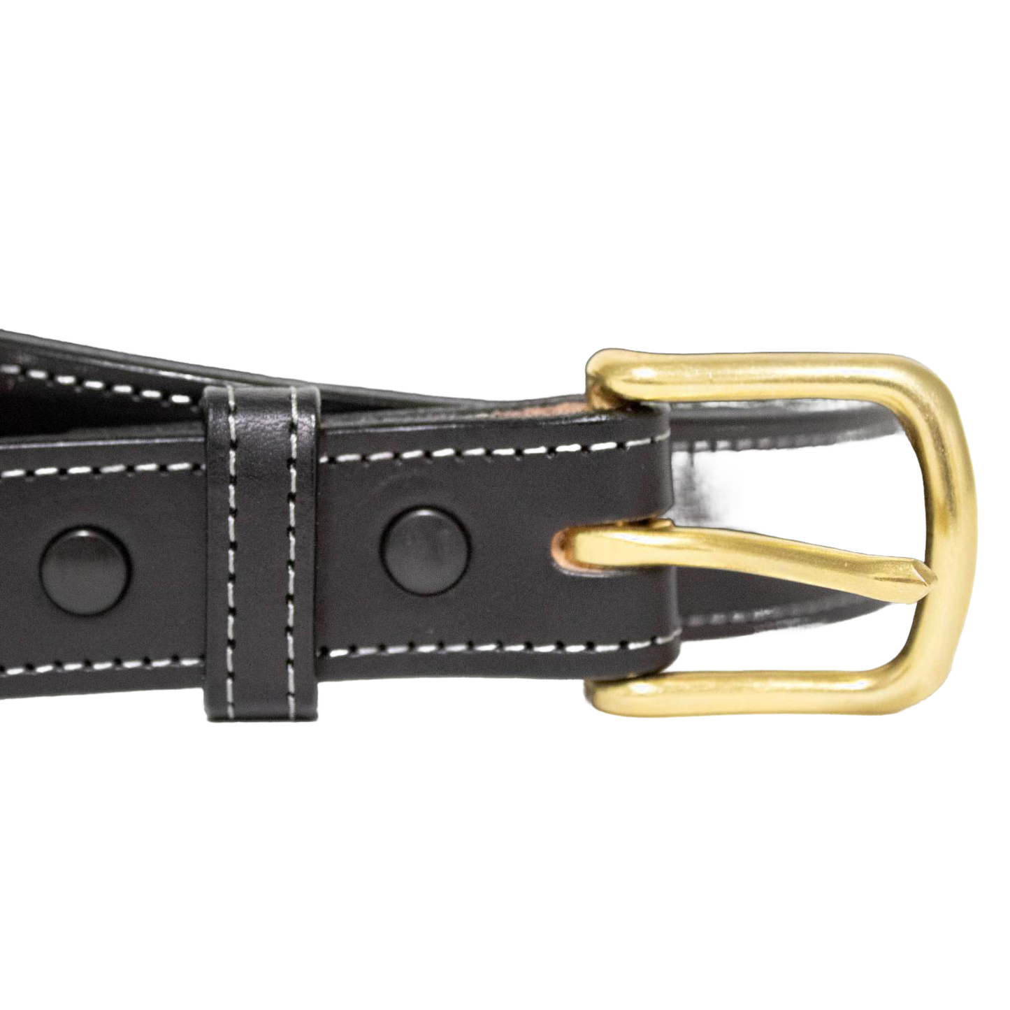 Close-up of a handcrafted black genuine English bridle leather belt with white stitching and a solid brass buckle, Amish made in USA, featured in Clothing and Accessories and Best Sellers collections.