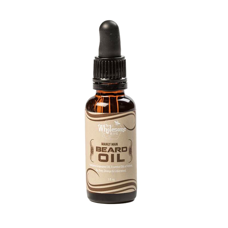 Unique handcrafted amber glass bottle of all-natural beard oil with dropper cap, locally made in USA, featured in Health & Wellness, Grooming and Personal Hygiene, and Best Sellers collections.