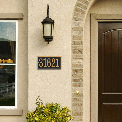 Rectangular black and gold custom address plaque with bold numbers, handcrafted in USA, enhancing curb appeal for Home & Decor, Household Helpers, and Mailboxes and Address Signs collections.
