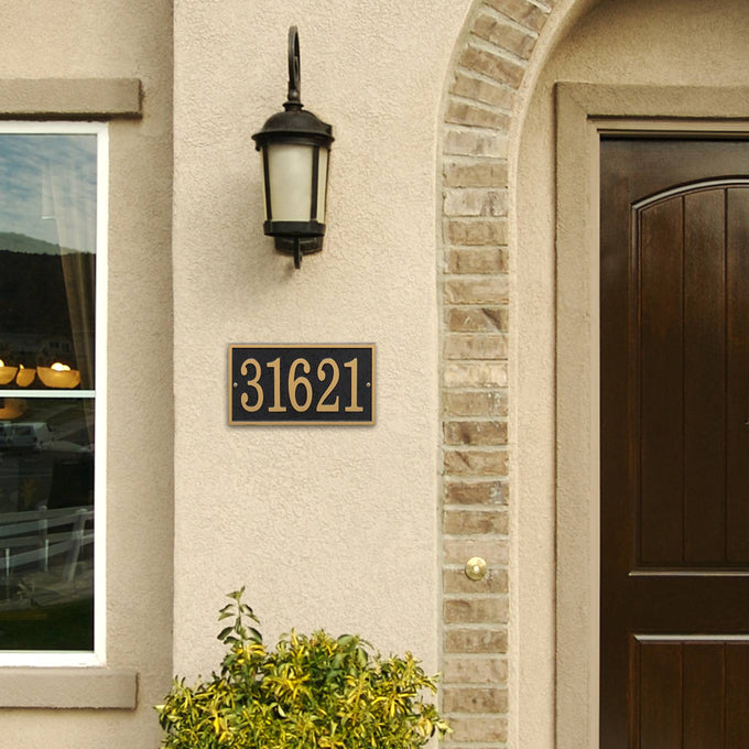 Rectangular black and gold custom address plaque with bold numbers, handcrafted in USA, enhancing curb appeal for Home & Decor, Household Helpers, and Mailboxes and Address Signs collections.