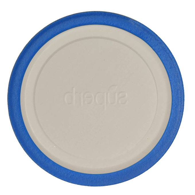 Top view of a wide-mouth canning jar lid featuring a white center with a blue sealing edge, designed for durable, high-pressure food preservation in Kitchen & Food collections made in USA.