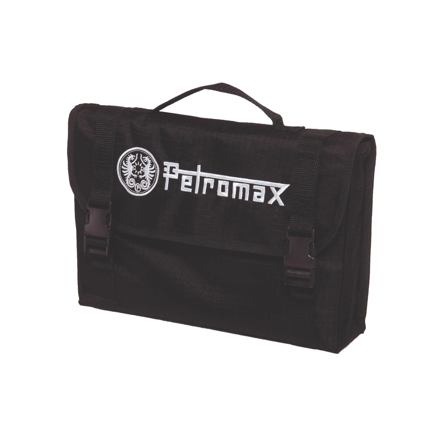 Durable black carrying case with secure buckle fasteners and a handle, featuring a distinctive white embroidered logo, designed for convenient storage and transport in Farm, Garden & Tool, Camping, Emergency Supplies, Best Sellers, and Promo Eligible collections.