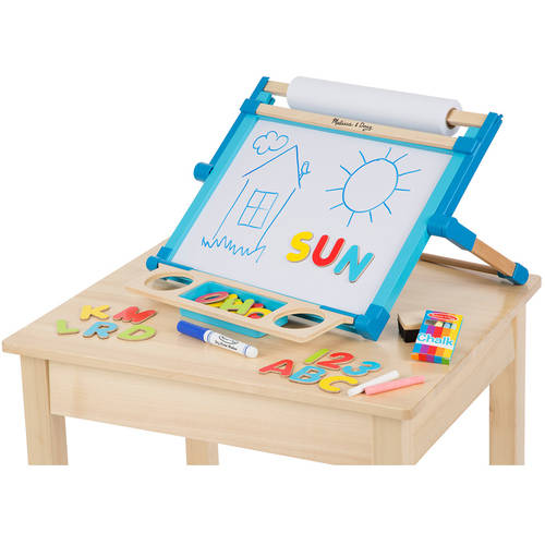 Handcrafted double-sided tabletop easel with magnetic dry-erase board featuring colorful alphabet magnets, chalk sticks, marker, and paper roll, perfect for creative play in Toys, Books & Games, Children's Toys, Arts and Crafts, Best Sellers, and Promo Eligible collections.