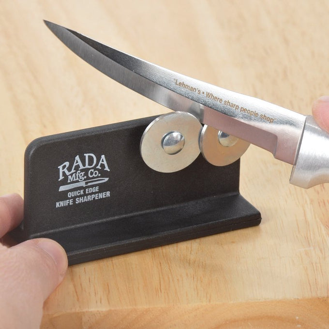 Compact Quick Edge knife sharpener with reinforced nylon base and dual stainless steel wheels for efficient blade honing, handcrafted and made in USA, ideal for kitchen and food prep collections.