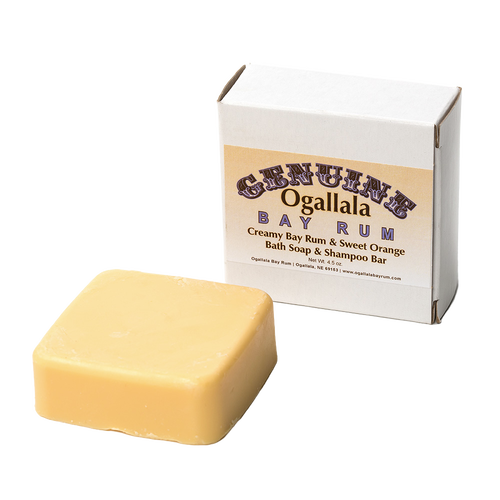 Two square handcrafted bath soap and shampoo bars made in USA, scented with bay rum and sweet orange, featured in Health & Wellness, Grooming and Personal Hygiene, and Best Sellers collections.