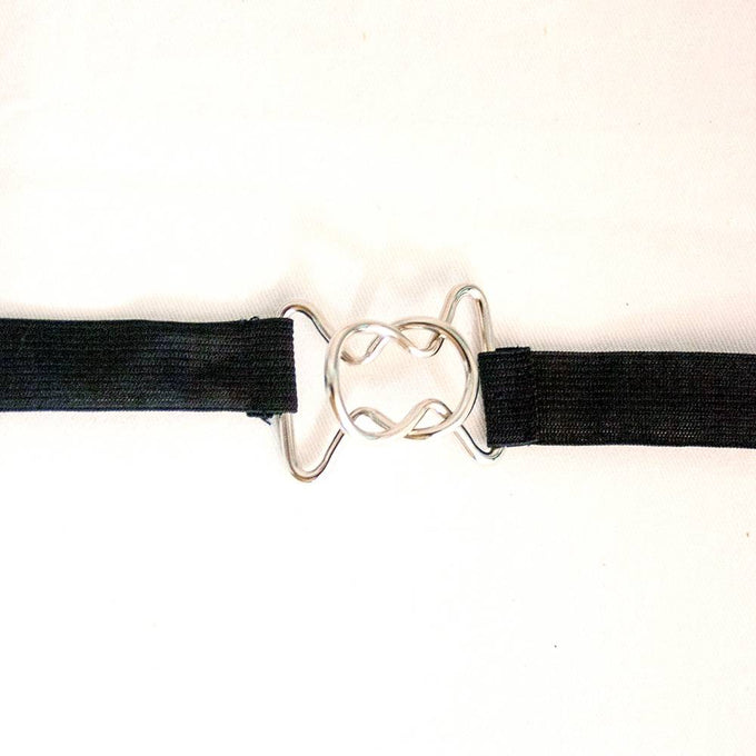 Close-up of a silver metal clasp connecting two ends of a black elastic strap, designed to secure covers, featured in Home & Decor and Best Sellers collections.