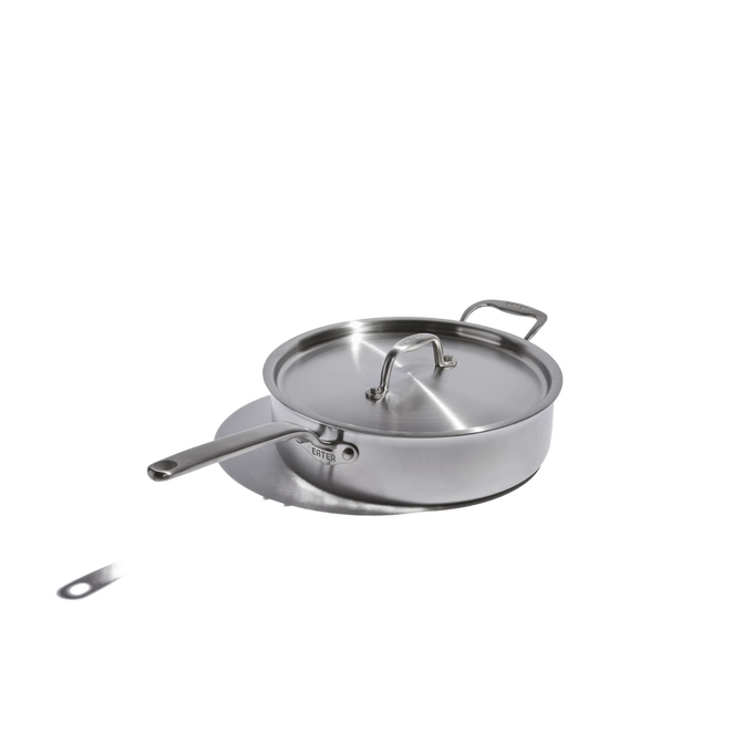 Fully clad stainless steel 4-quart saute pan with lid and long handle, featuring handcrafted design, durable construction, ideal for Kitchen & Food, Cookware, Pots and Pans, and Best Sellers collections.