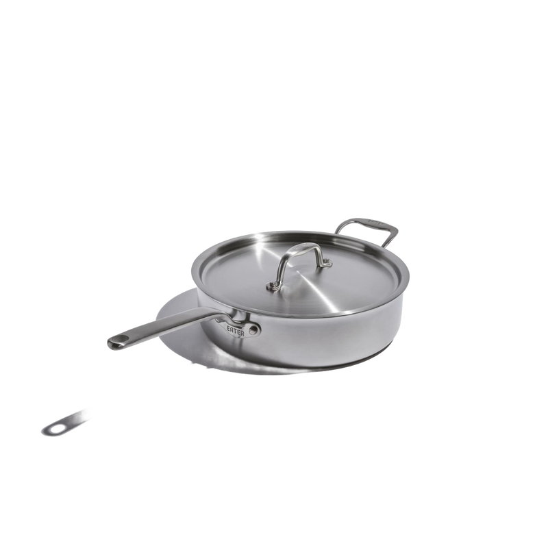 Fully clad stainless steel 4-quart saute pan with lid and long handle, featuring handcrafted design, durable construction, ideal for Kitchen & Food, Cookware, Pots and Pans, and Best Sellers collections.