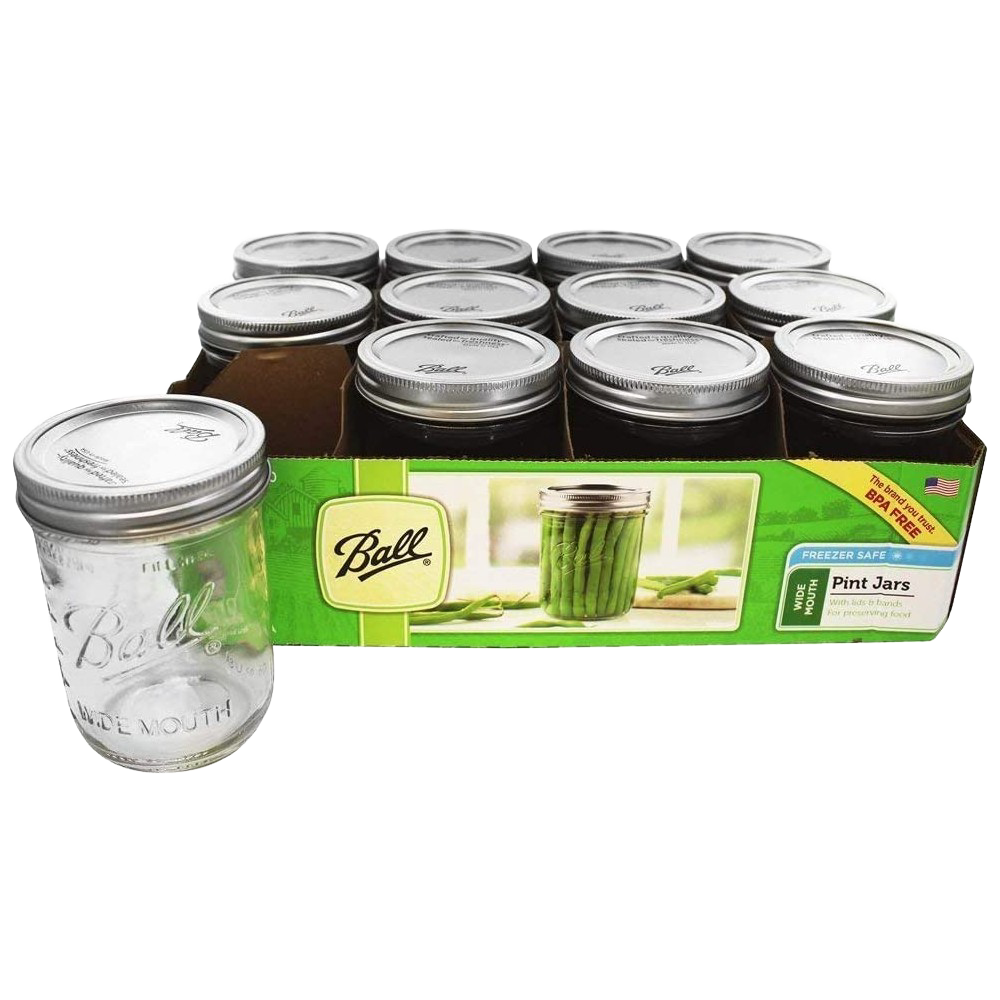 Set of twelve clear glass wide-mouth pint jars with metal lids, ideal for food preservation, canning, and crafts in Kitchen & Food, Food Preservation, and Canning collections.