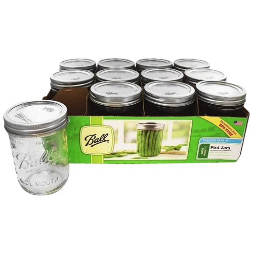 Set of twelve clear glass wide-mouth pint jars with metal lids, ideal for food preservation, canning, and crafts in Kitchen & Food, Food Preservation, and Canning collections.