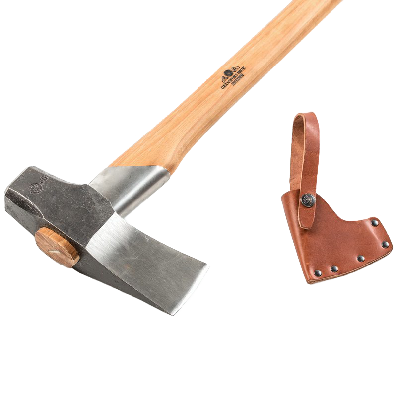 Hand-forged splitting maul with a polished steel head and wooden handle, accompanied by a brown leather sheath, featured in Farm, Garden & Tool, Knives & Axes, Axes, Wood Cutting and Hauling, Best Sellers, and Promo Eligible collections.